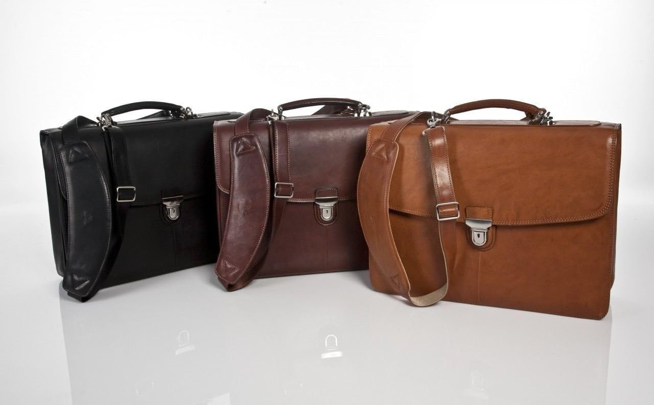 Tony Perotti Mens Italian Cow Leather Bella Russo Double Compartment Leather Laptop Briefcase