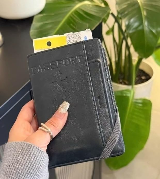 Unisex genuine leather wallet RFID shielding travel passport holder with card slots and pen holder (Black)