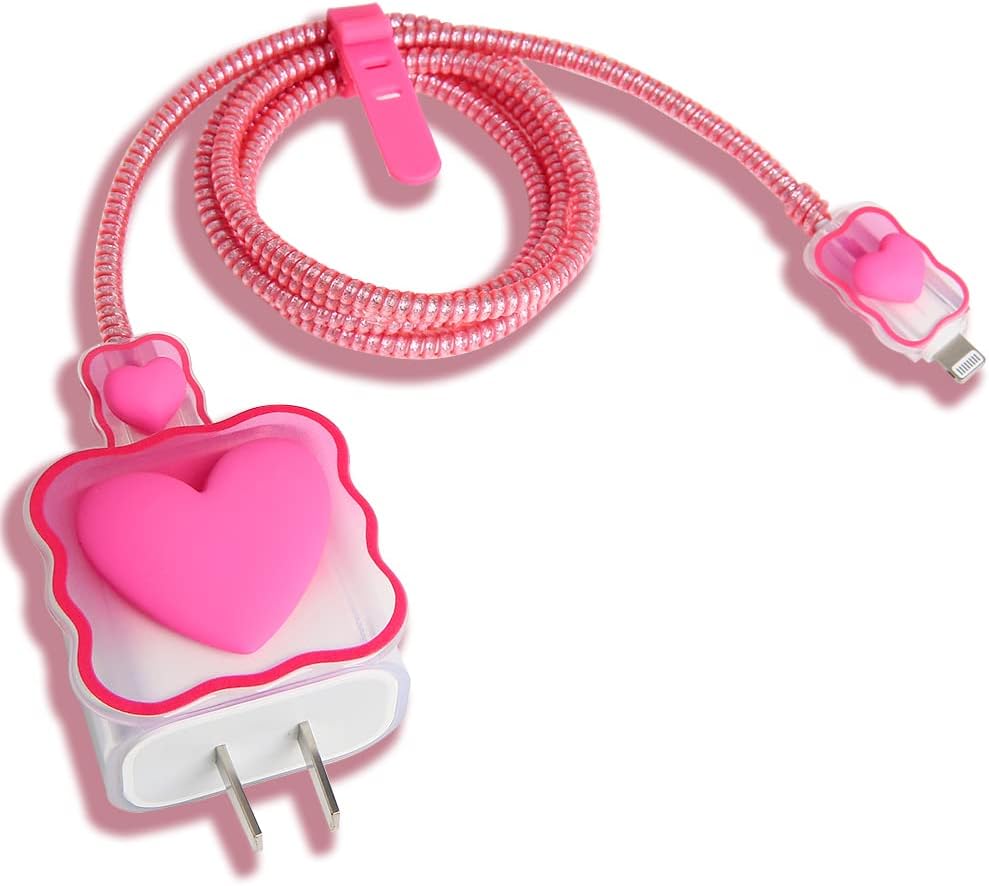 Compatible with iPhone 18W/20W USB-C Charger Cover Lovely 3D Love Heart Waves Clear Soft Charger Protector Cute Cable Saver for iPhone 11 12 13 14 Pro Max Fast Power Adapter, Rose 1 (5in1)
