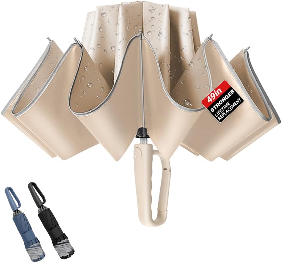 TOPSAIL 10 Ribs Inverted Umbrella with Carabiner Handle, Large Strong Windproof Umbrellas for Rain