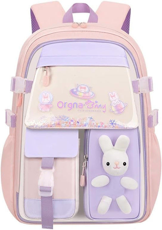 Kids Backpack for Girls, Lightweight Waterproof Cute Bunny Backpack for School, Adorable Design for Kindergarten Elementary School Kids Students Girls Backpack with Safety Whistle (Rabbit Purple Pink)