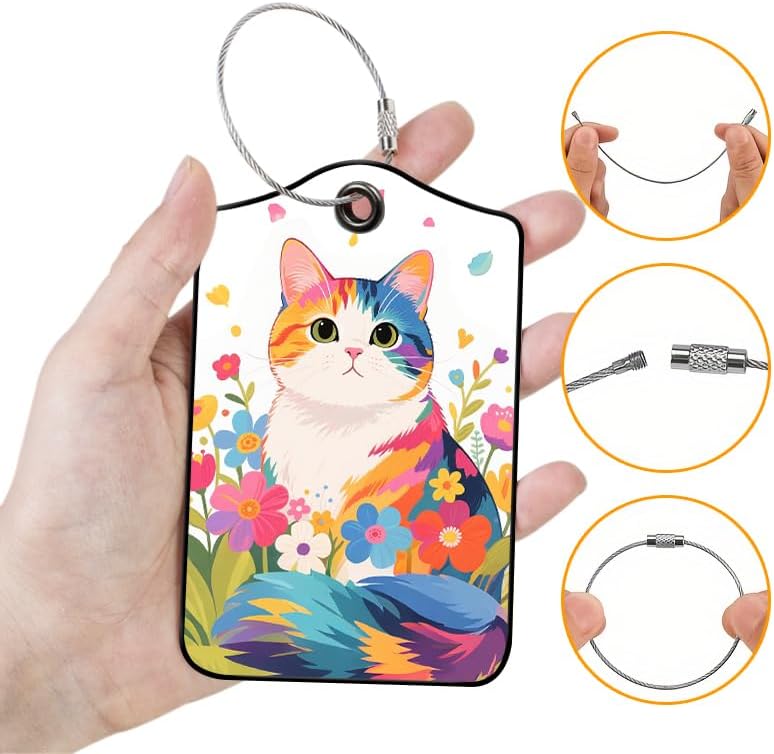 2 Pack Cute Cat Leather Luggage Tags for Suitcases, Travel Bag Tags with Privacy Cover ID Label with Stainless Steel Loop for Women Men Girls Backpack Gift (Colorful)