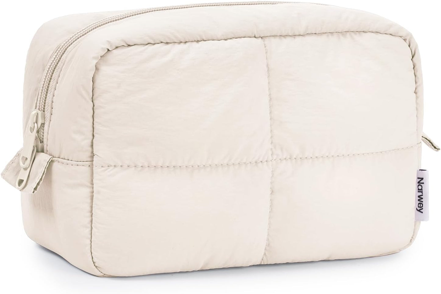 Narwey Puffy Makeup Bag for Travel Women Girl, Quilted Makeup Bag Cosmetic Bag, Cute Puffer Make Up Organizer Bags, Travel Toiletry Bag Toiletries (Beige)
