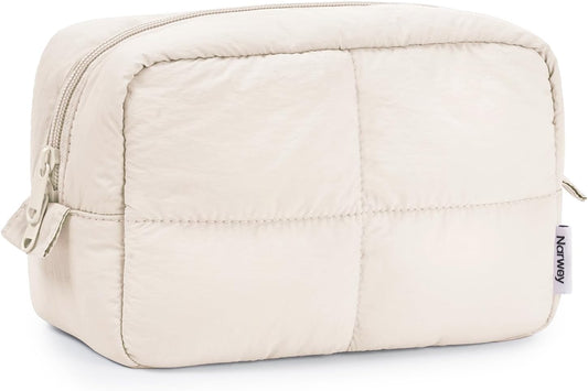 Narwey Puffy Makeup Bag for Travel Women Girl, Quilted Makeup Bag Cosmetic Bag, Cute Puffer Make Up Organizer Bags, Travel Toiletry Bag Toiletries (Beige)