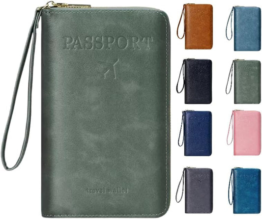 Multi-Functional RFID Passport Wallet,Travel Wallet for Men & Women,With zipper, anti-theft passport holder，Slim Leather Cover for Credit Cards, Tickets, Cash (Green)