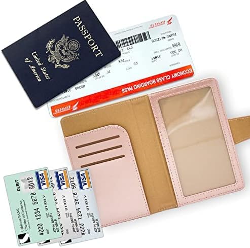 RFID Blocking Genuine Leather Wallet Passport Holder for Travel with Credit Card Slots and Ticket Pocket Durable Design (Pink)