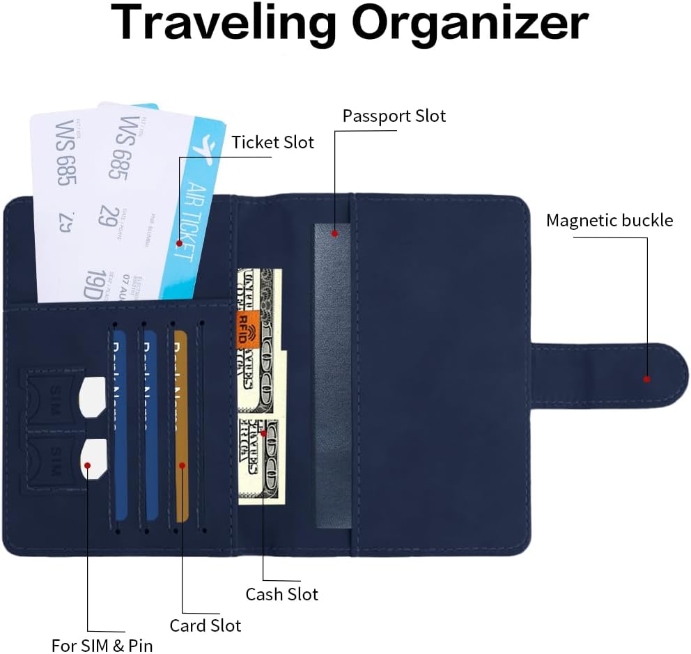 Passport Holder for Travel, Passport Cover Wallet, Premium PU Leather Passport Book Card Holder Case for Women Men, Waterproof RFID Blocking Flying Travelling Essentials Vacation Must Haves, Blue
