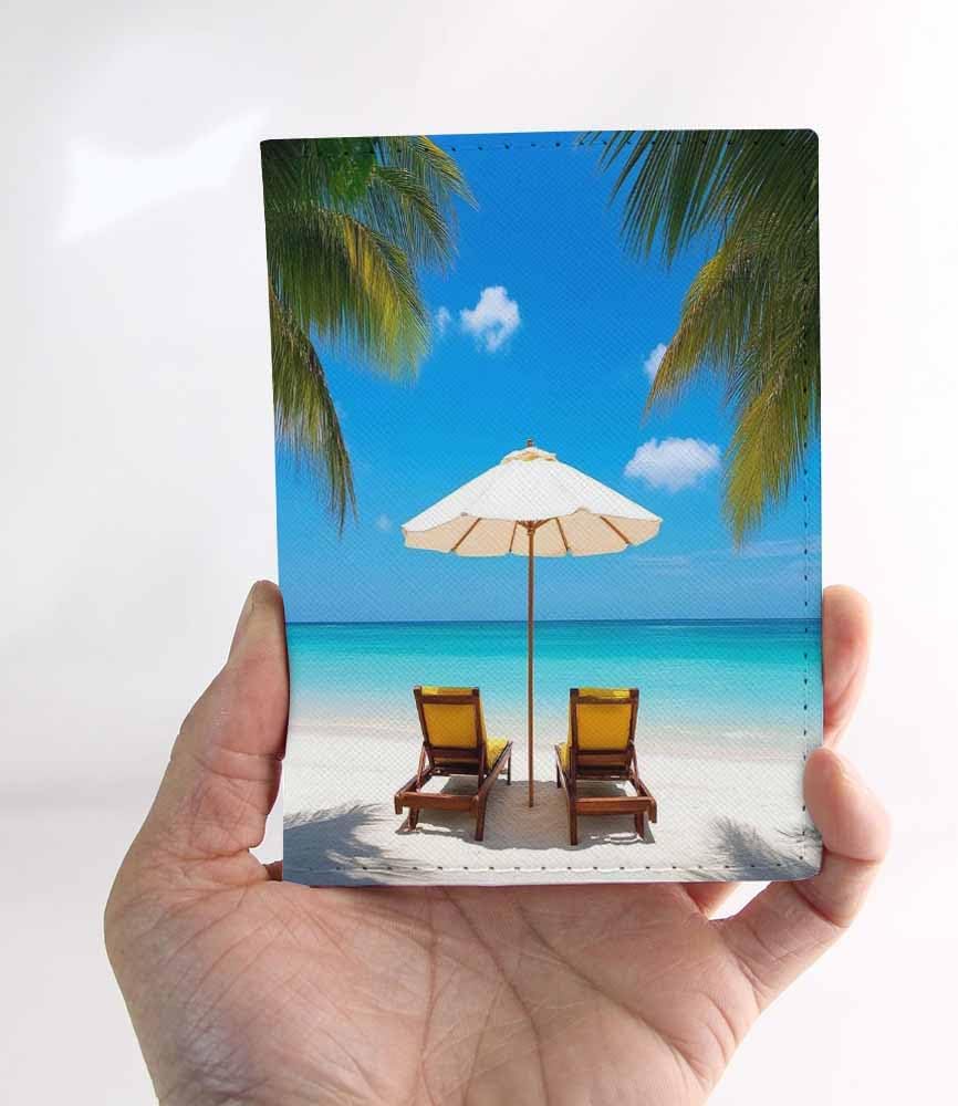 Summer Beach Passport Holder for Travel Turquoise Sea Deckchairs White Sand Palms Sun PU Leather Passport Cover Wallet Cute Passport Card Holder for Women and Men