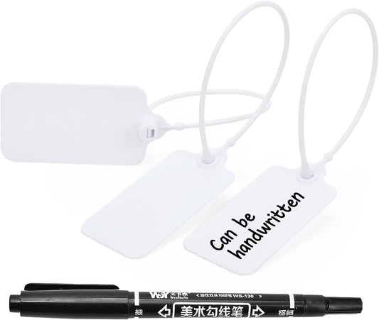 50pcs Luggage Tags Plastic Seals Shipping Label Logistics Use Sign Tie, Sealing Storage Multi Purpose Name ID Tag with Marker for Backpack, Schoolbag, Car Key (White)
