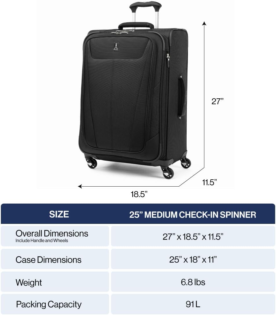 Travelpro Maxlite 5 Softside Expandable Checked Luggage with 4 Spinner Wheels, Lightweight Suitcase, Men and Women, Azure Blue, Checked Medium 25-Inch