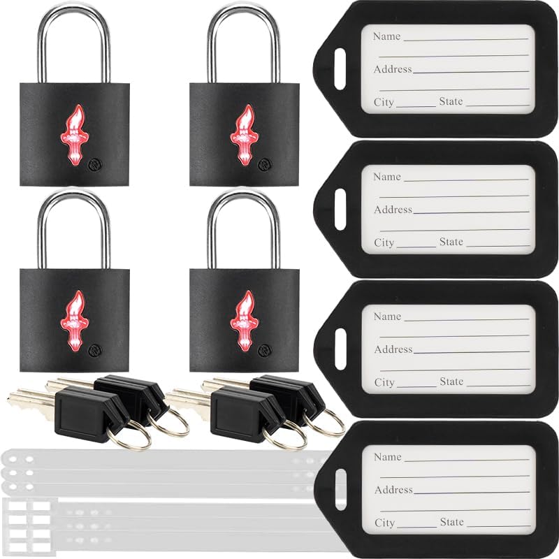 4 Pack Black TSA Luggage Locks with Key+4 Pack Travel tag, Luggage Lock TSA Approved for Backpacks, Bags and Luggage, 4 Pack Black Lock+4 Pack tag