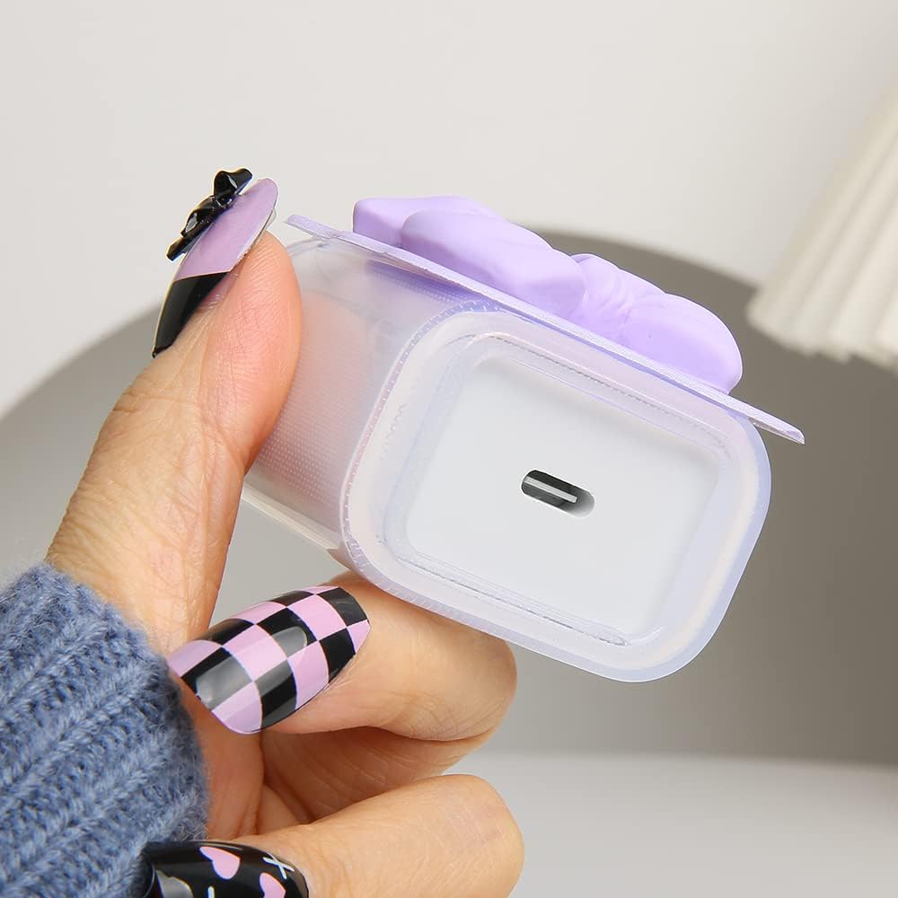 Compatible with iPhone 18W/20W USB-C Charger Cover Cute 3D Bow Tie Design Clear Soft Charger Protector Kawaii Cable Saver for iPhone 11 12 13 14 Pro Max Fast Power Adapter, Purple 2 (5in1)
