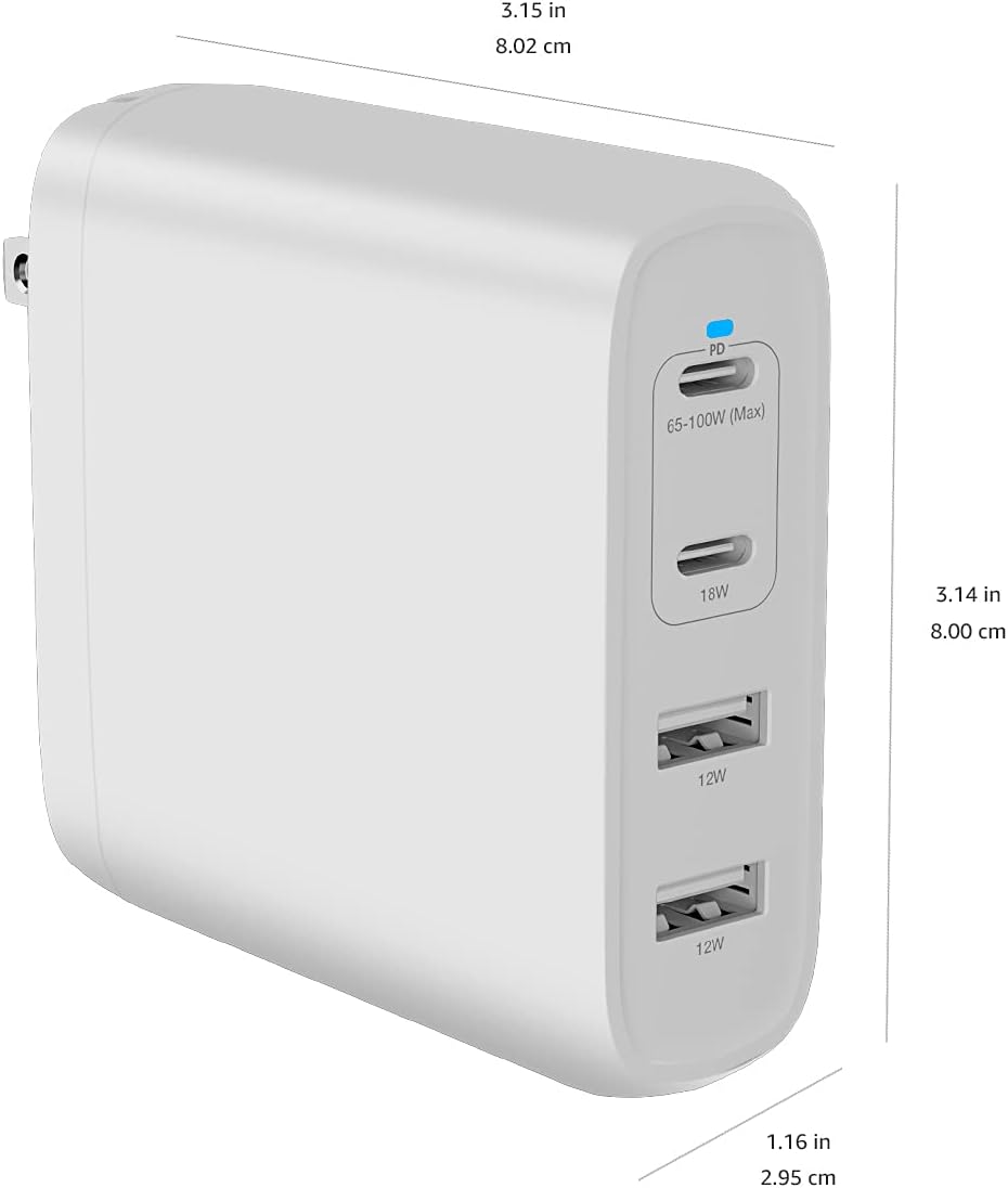 Amazon Basics 100W Four-Port GaN Wall Charger w/ 2 USB-C (100W,18W) & 2 USB-A Ports (12W) w/PD for