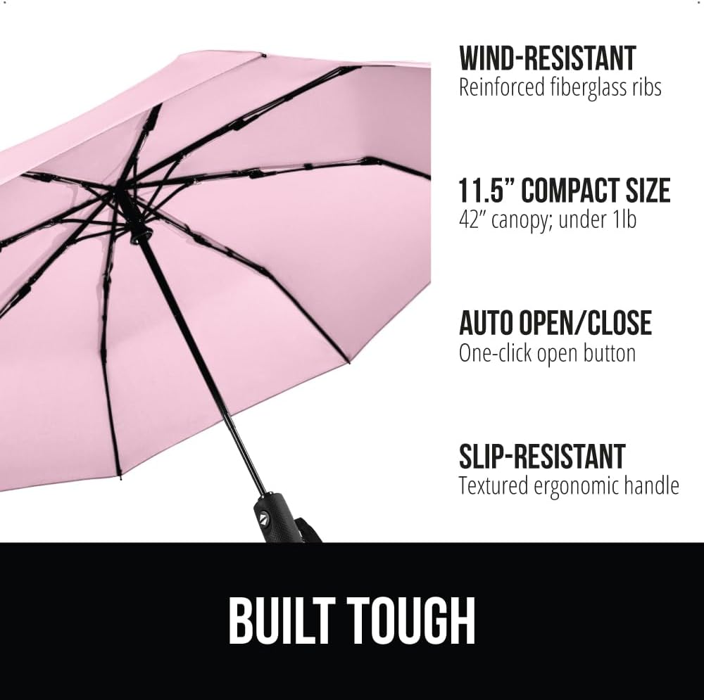 GORILLA GRIP Strong Windproof Stick Compact Umbrella for Rain, One-Click Automatic Open and Close, Durable Quick Dry Waterproof Material, Lightweight and Portable, Travel Size Fits Backpack, Pink