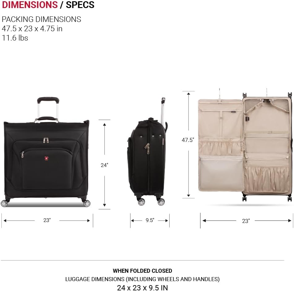 SwissGear 7895 Premium Rolling Garment Bag, Black, 24" Spinner Edition