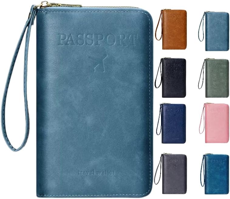 Multi-Functional RFID Passport Wallet,Travel Wallet for Men & Women,With zipper, anti-theft passport holder，Slim Leather Cover for Credit Cards, Tickets, Cash (Sky blue)