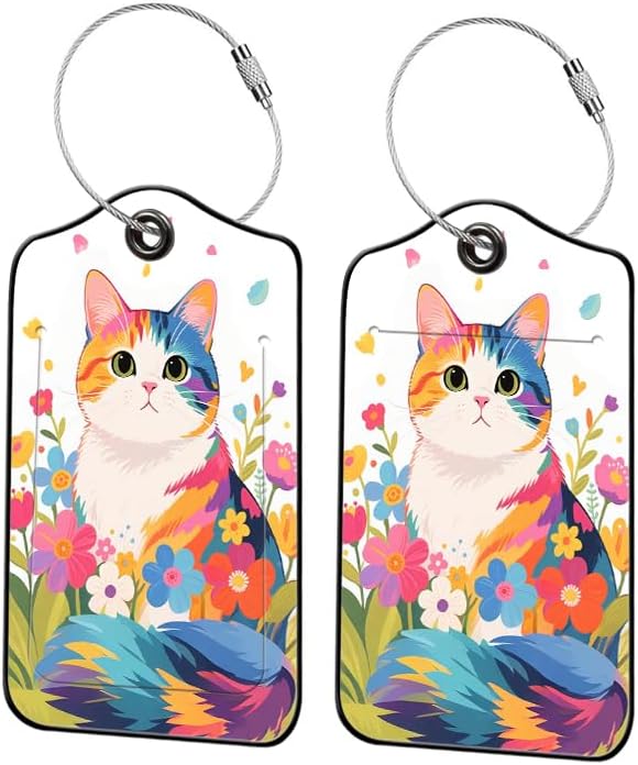 2 Pack Cute Cat Leather Luggage Tags for Suitcases, Travel Bag Tags with Privacy Cover ID Label with Stainless Steel Loop for Women Men Girls Backpack Gift (Colorful)