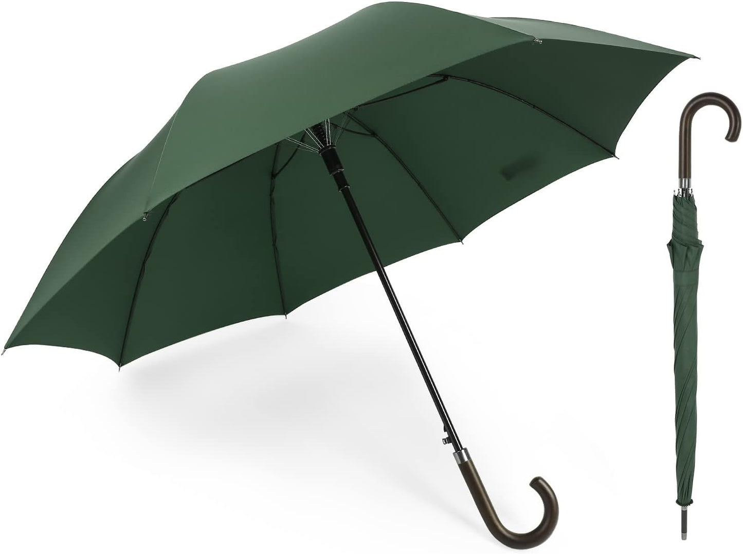 TIME LOVER Stick Umbrella Oversize Windproof Umbrella Wooden Hook Handle J Stick Automatic Open Fast Drying Umbrella for Men Women(Dark Green)