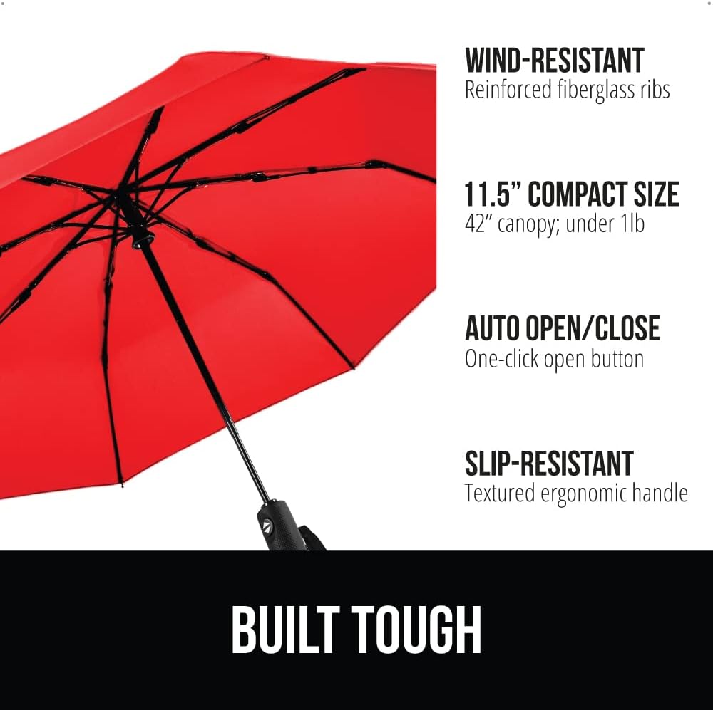 GORILLA GRIP Strong Windproof Stick Compact Umbrella for Rain, One-Click Automatic Open and Close, Durable Quick Dry Waterproof Material, Lightweight and Portable, Travel Size Fits Backpack, Red