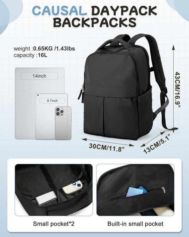 Black Laptop Backpack for Women Men Gym Work Backpack Casual Daypack Backpacks Small Travel Backpack for Traveling on Airplane Lightweight College Teacher Backpacks for Women