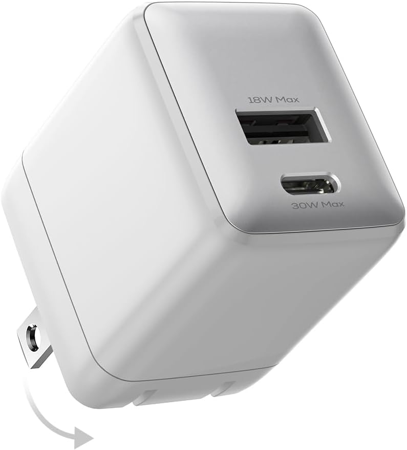 USB C Fast Charging Charger, 30W Dual-Port GaN Nano Charger with Foldable Plug for iPhone 16/15 Series, iPad, Galaxy S24 Ultra and More Series, (White, 1 Pack)