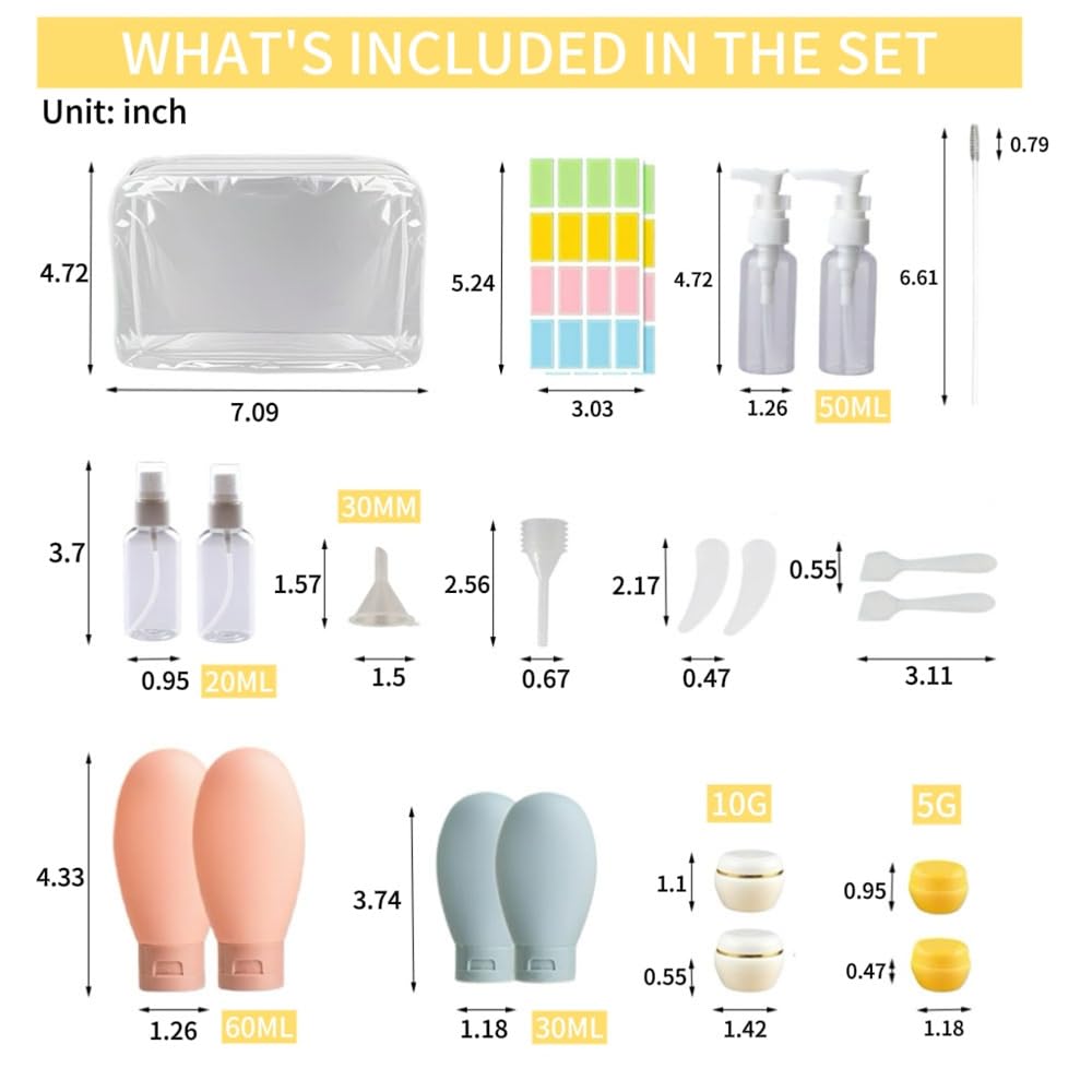 NAICHA 21 PCS Refillable Toiletry Bottles with Toiletry Bag for Travel Containers Empty Squeeze