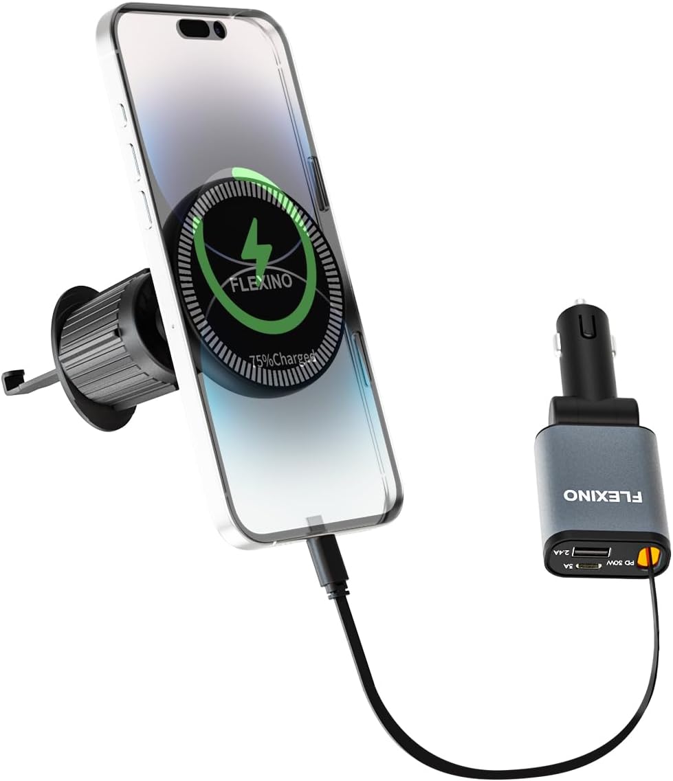 【2-in-1 Car Combo】 Flexino Retractable Car Charger for iPhone 16, 57W Fast Charging Car Charger USB C, Magnetic Phone Holder for MagSafe Car Mount,【360°】 Cell Phone Holder for iPhone 16/15/14/13/12