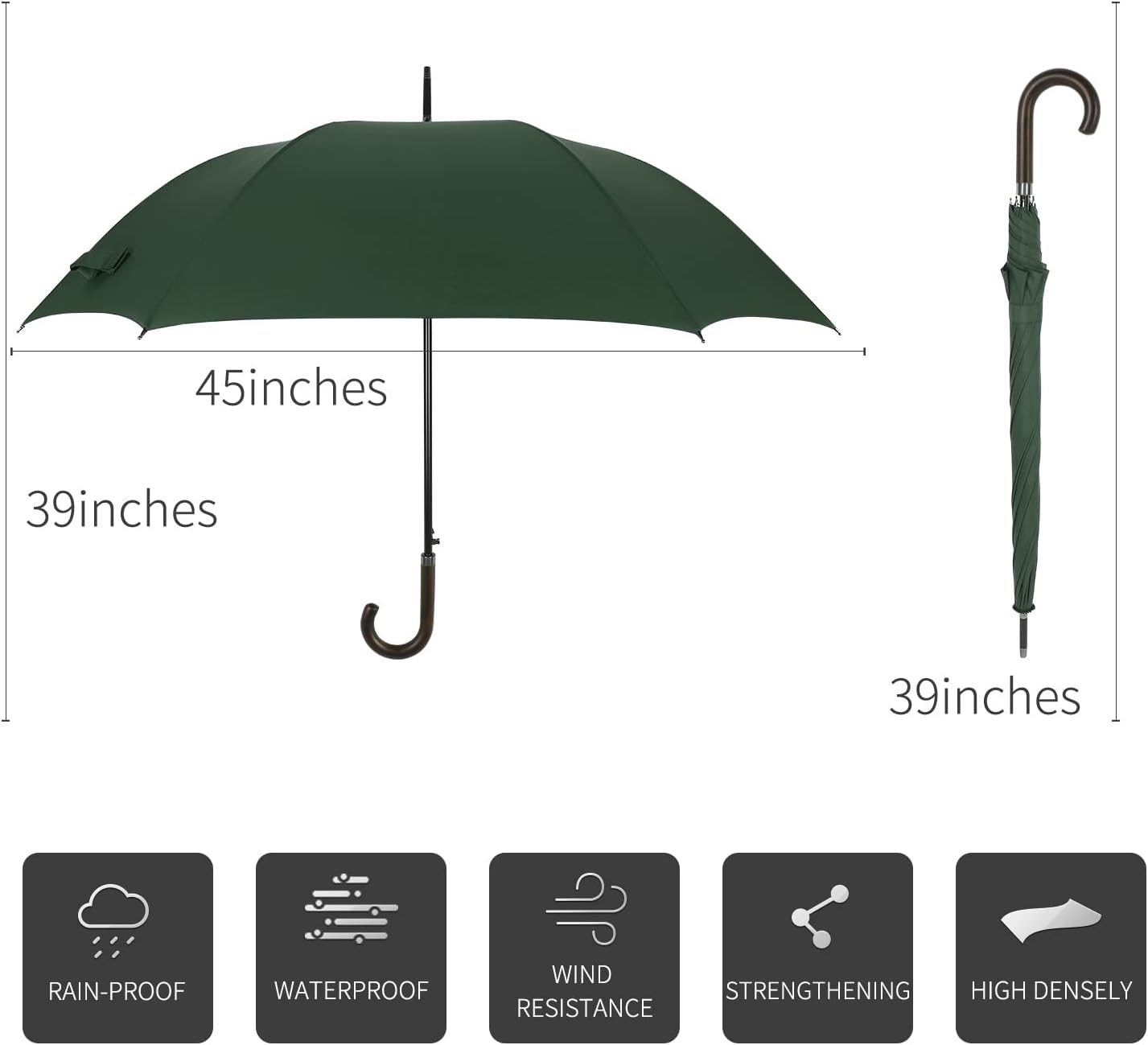 TIME LOVER Stick Umbrella Oversize Windproof Umbrella Wooden Hook Handle J Stick Automatic Open Fast Drying Umbrella for Men Women(Dark Green)