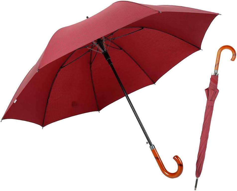 TIME LOVER Stick Umbrella Oversize Windproof Umbrella Wooden Hook Handle J Stick Automatic Open Fast Drying Umbrella for Men Women(Red stripe)