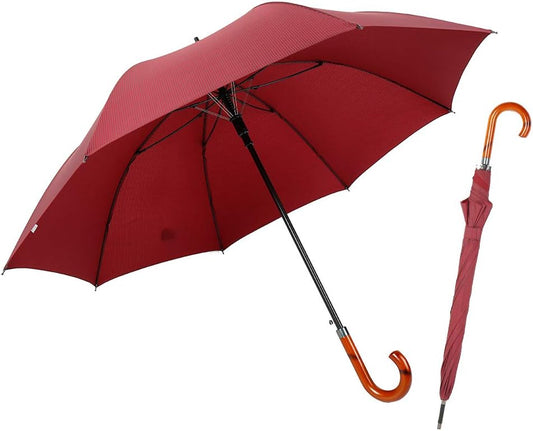 TIME LOVER Stick Umbrella Oversize Windproof Umbrella Wooden Hook Handle J Stick Automatic Open Fast Drying Umbrella for Men Women(Red stripe)