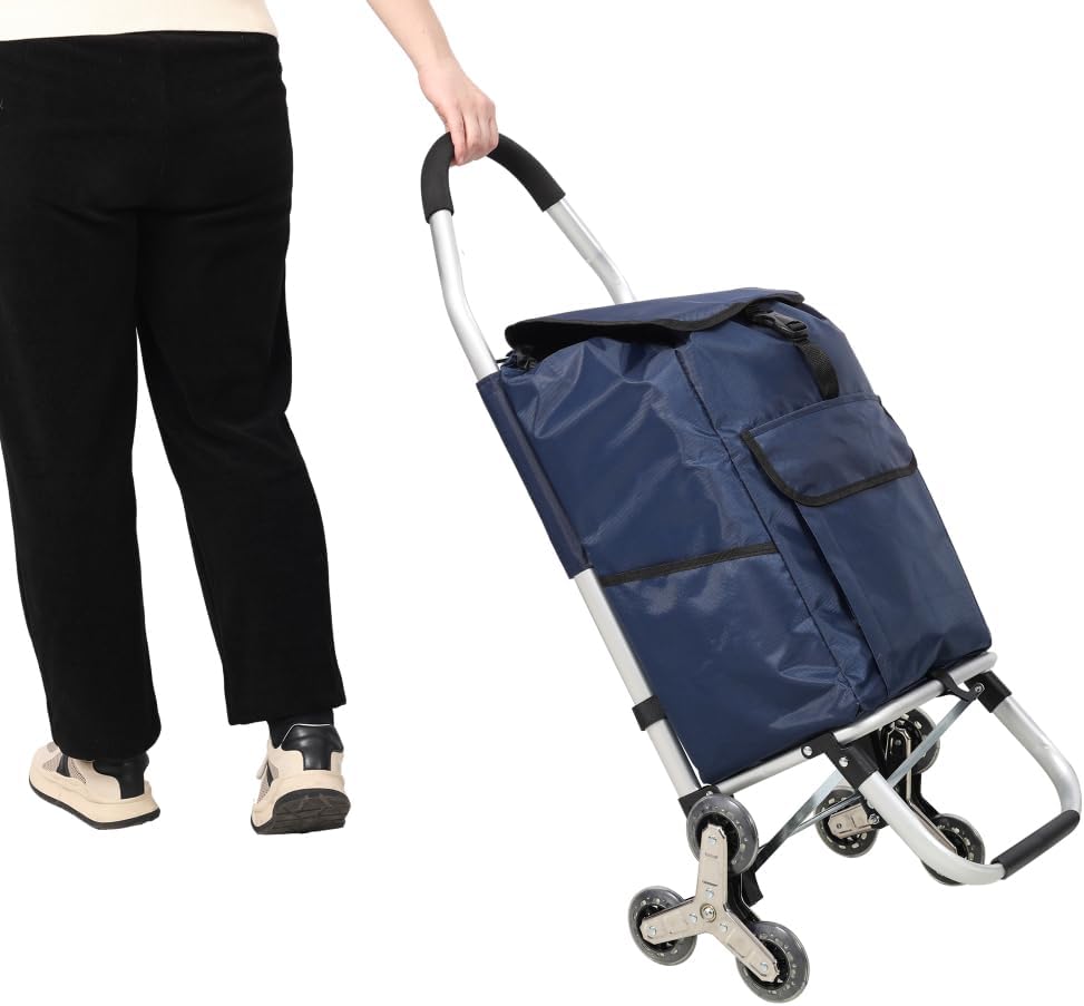 Heavy Duty Foldable Shopping Trolley with Stainless Steel Triangular Wheels Oxford Waterproof Cart Removable Bag for Groceries Laundry Travel (Blue-6 Wheels)