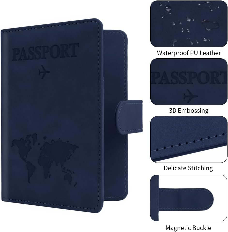 Passport Holder for Travel, Passport Cover Wallet, Premium PU Leather Passport Book Card Holder Case for Women Men, Waterproof RFID Blocking Flying Travelling Essentials Vacation Must Haves, Blue