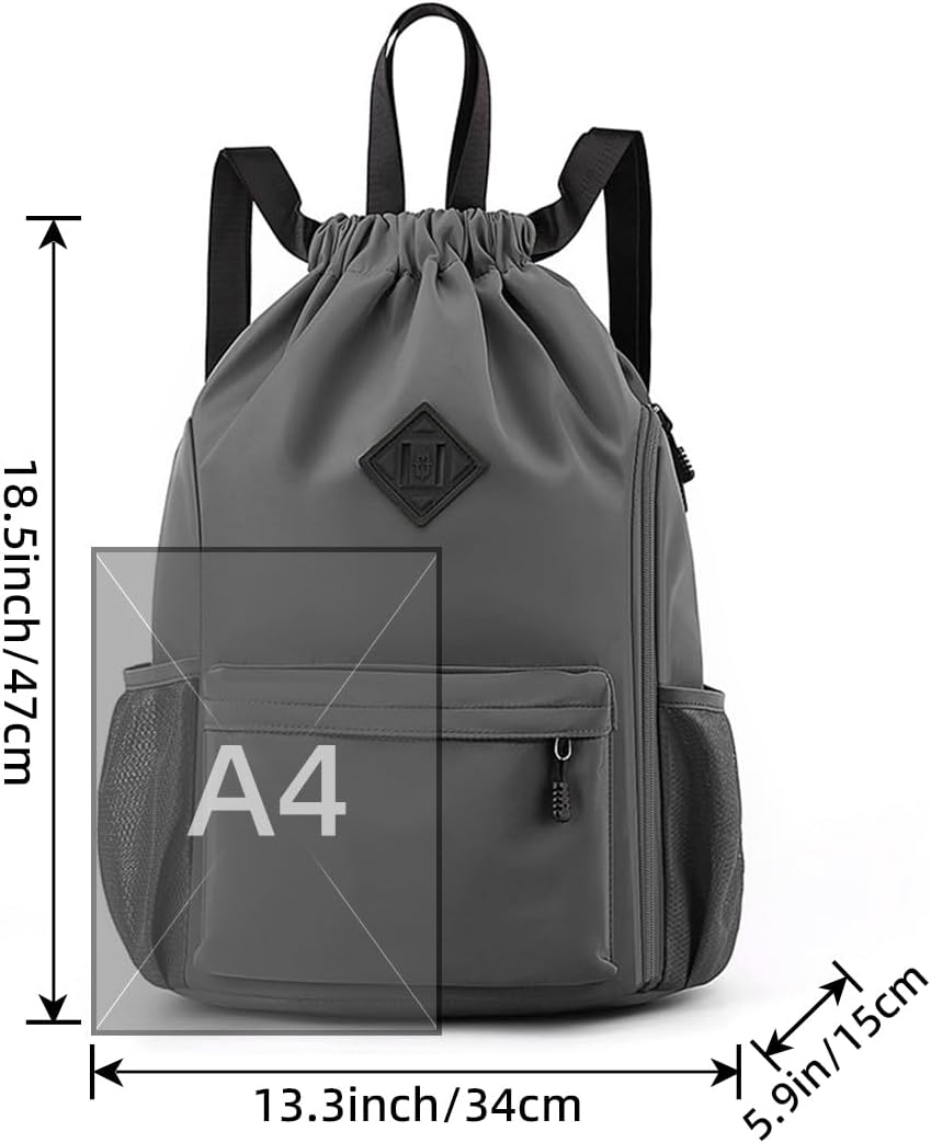 Valleycomfy Waterproof Drawstring Gym Backpack Bag for Men & Women,Sports Gym Bag with Side Pocket Dark Grey