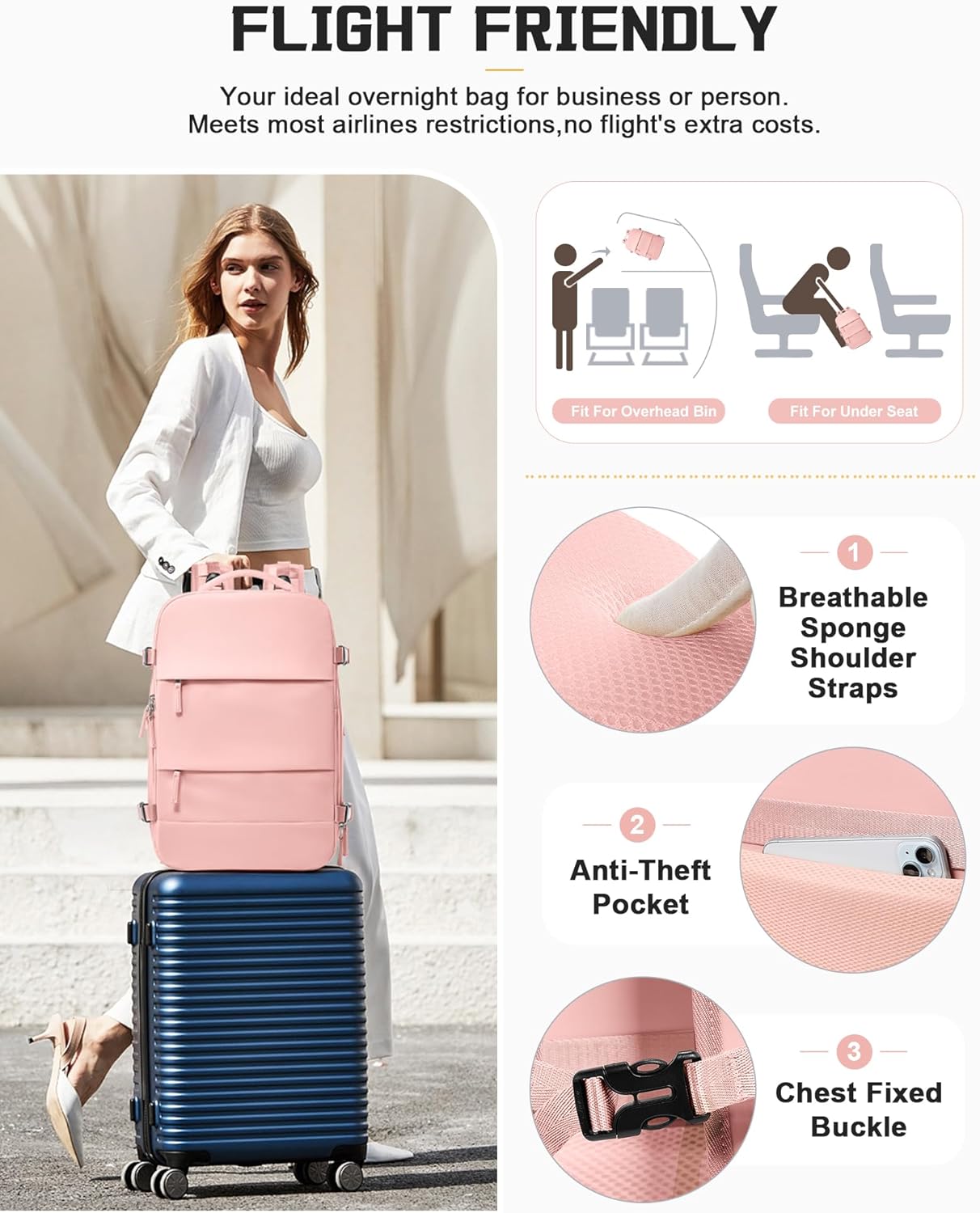 Vacuum Compression Travel Backpack with Electric Pump, Expandable Carry-On Size, Airline Approved Under Seat Bag, Laptop Compartment & USB Charging, Pink