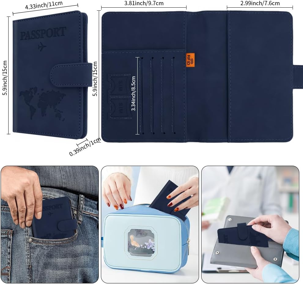 Passport Holder for Travel, Passport Cover Wallet, Premium PU Leather Passport Book Card Holder Case for Women Men, Waterproof RFID Blocking Flying Travelling Essentials Vacation Must Haves, Blue