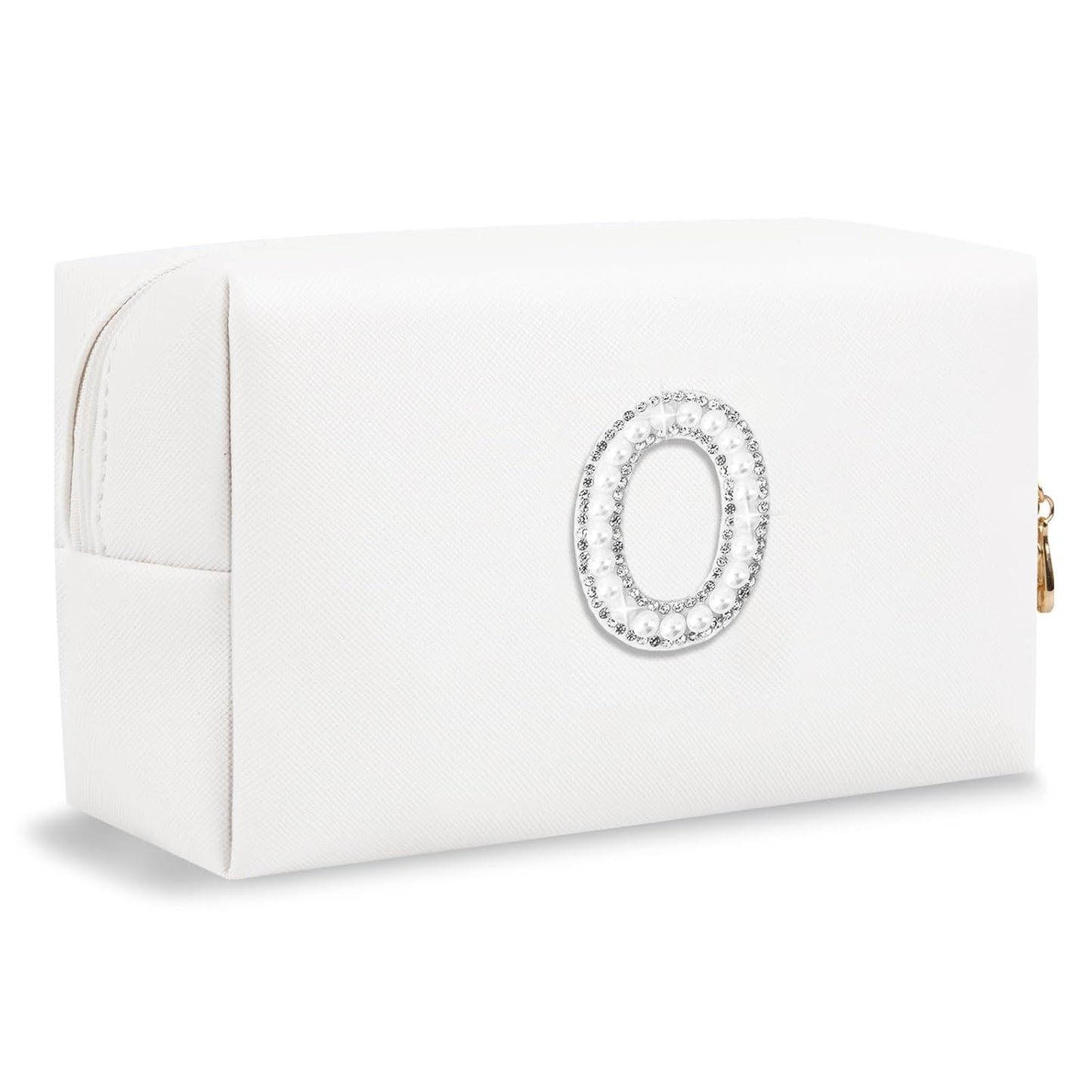 Bride Gifts – Personalized Initial Makeup Bag with Pearl Rhinestone Patch, Preppy White Monogram Cosmetic/Toiletry Pouch, bridesmaid Gifts, Bridal Shower Gifts, Wedding Gifts, Bridal Gifts,O