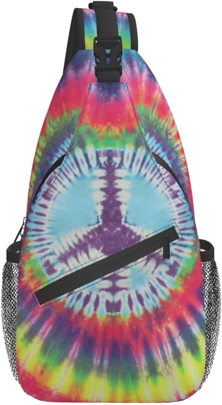 bassyil Tie Dye Peace Sign Rainbow Sling Bag Crossbody Travel Hiking Chest Backpack Shoulder Daypack for Women Men