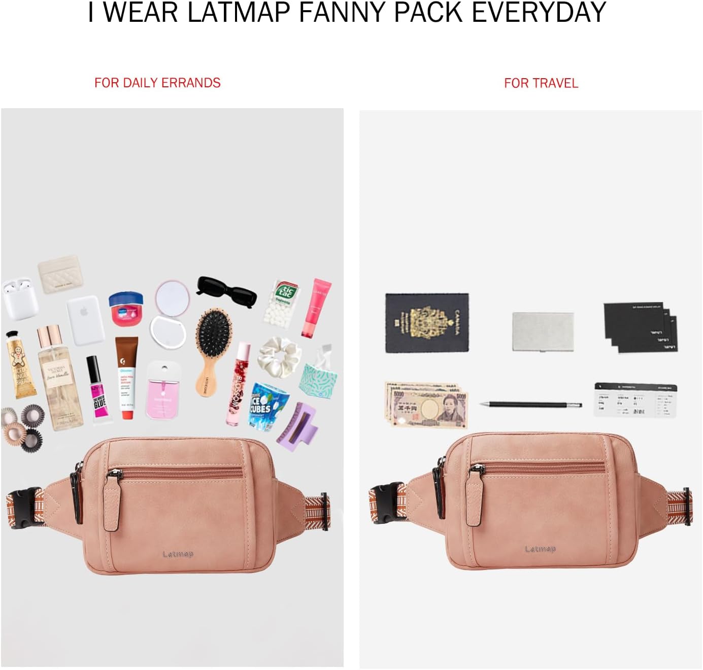 3L TRIPLE ZIP Fanny Packs Belt Bag For Women Men Crossbody Waist Pack Sling Chest Bum Travel Bag Purse Faux Leather Fashion Cute Light Pink