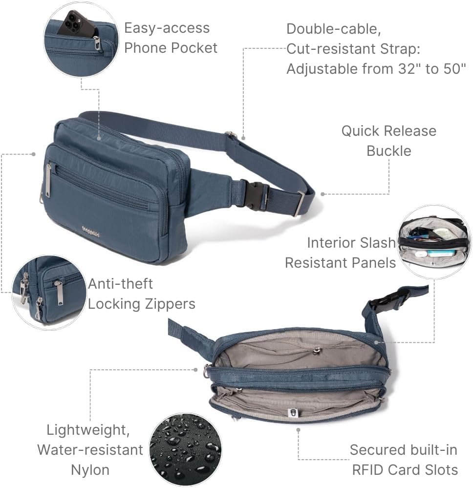Baggallini Securtex Anti-Theft Belt Fanny Pack for Women RFID Wallet Locking Zipper-Travel Bag Crossbody Purse