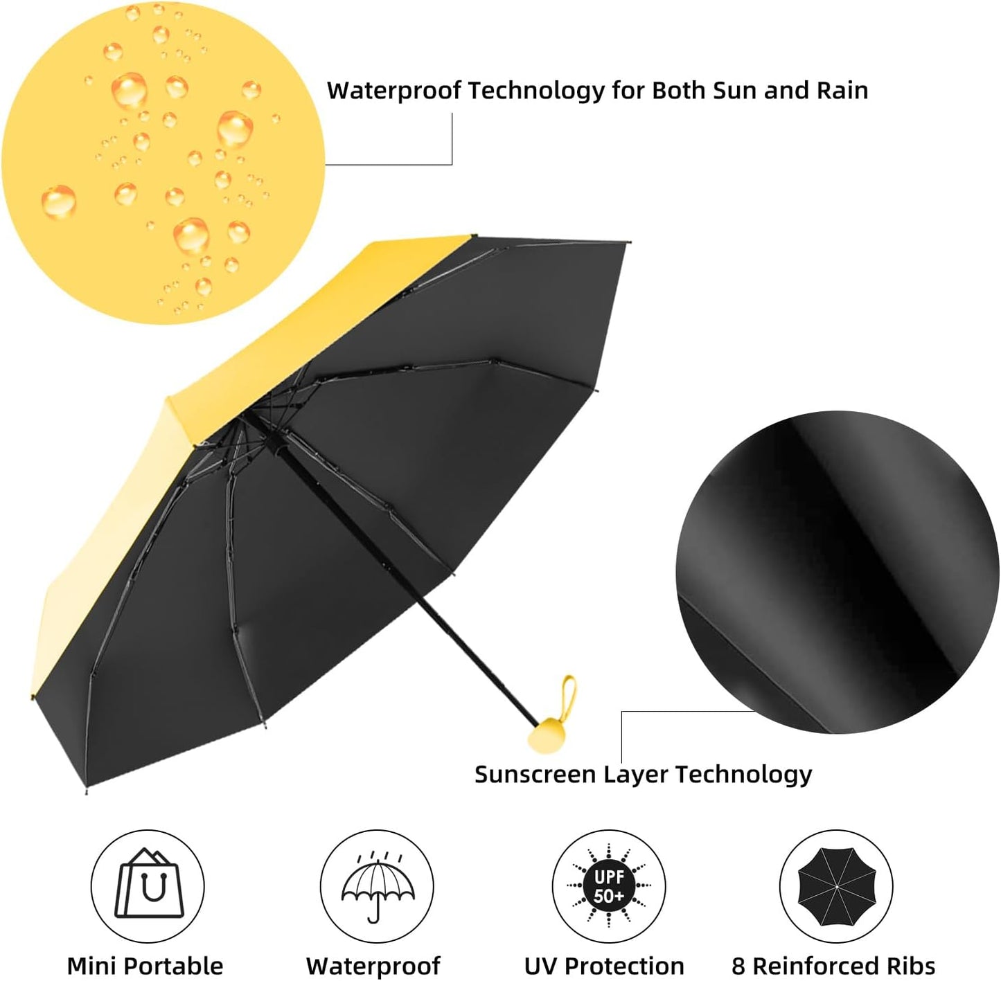 Travel Mini Folding Compact Umbrella with Case, 8 Ribs Lightweight Portable, Small Sun & Rain Pocket Umbrella for Girls and Women