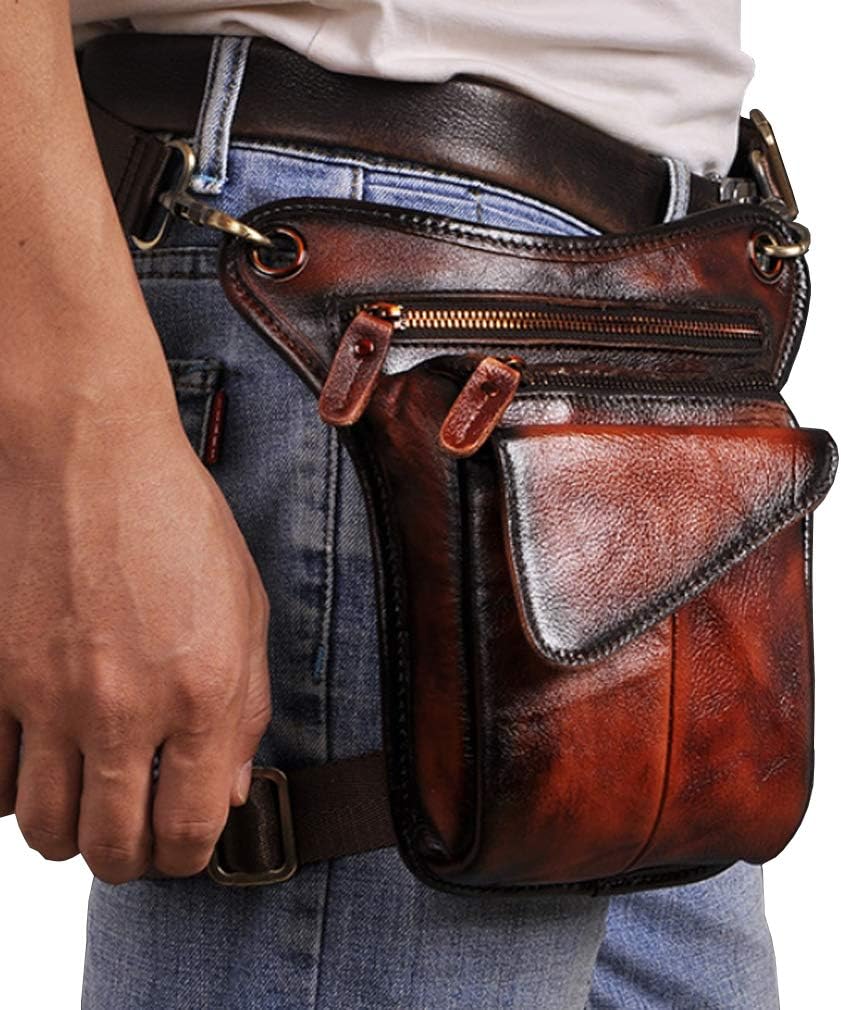 Leather Waist Pack Drop Leg Bag for Men Women Belt Bumbag Multi-Purpose Motorcycle Bike Outdoor Sports Tactical Cycling Riding Hiking Camping Pouch