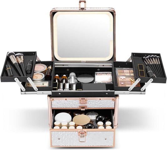 Qislee Makeup Box with Drawer and Four Trays, A Detachable Lighted Mirror, Waterproof Travel Train Case, Cosmetic Organizer and Makeup Suitcase with Magnetic LED Mirror(Bright White)