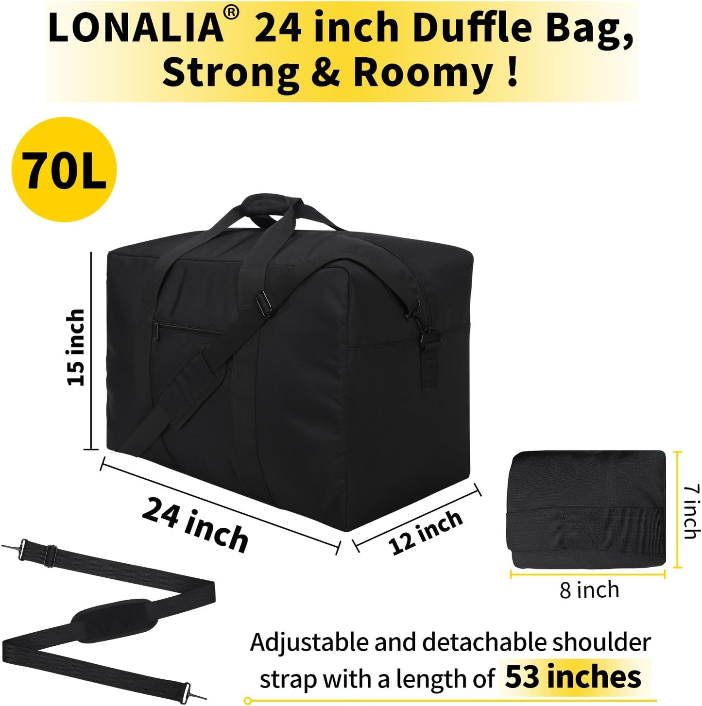 70L Large Duffle Bag for Travel - 24 inch Duffel Bag Heavy Duty Luggage Storage Bag (Black)