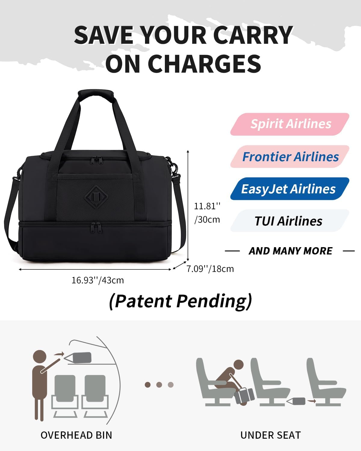 WANDF Travel Duffel Bag with Wet Pocket & Shoe Compartment, 18x14x8 Personal Item Bag with USB Charging Port, Water-Resistant Gym Weekender Overnight Carry-on for Women Men (Black)