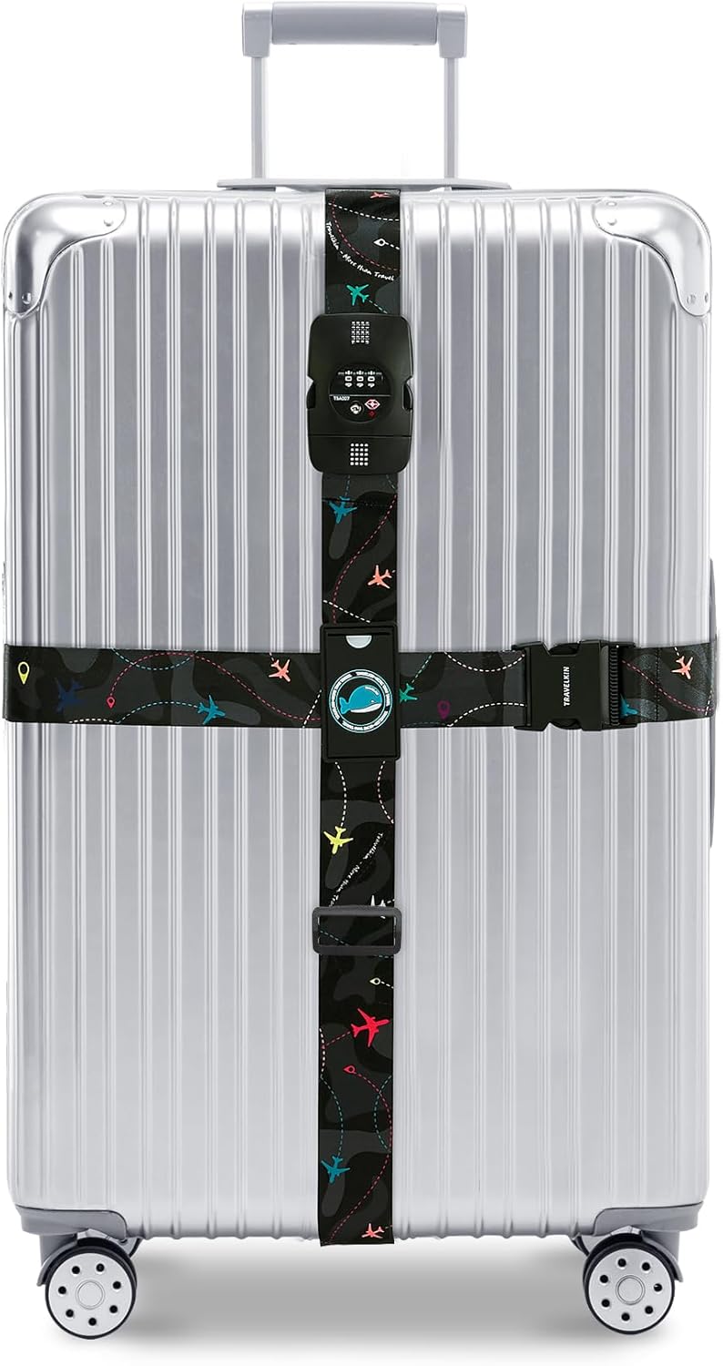 Travelkin Luggage Straps TSA Approved - Adjustable Cross Suitcase Straps with TSA Lock, Reinforced Buckle, Unique Pattern - Secure Heavy Duty Luggage Straps for Travel (Air Line Black)