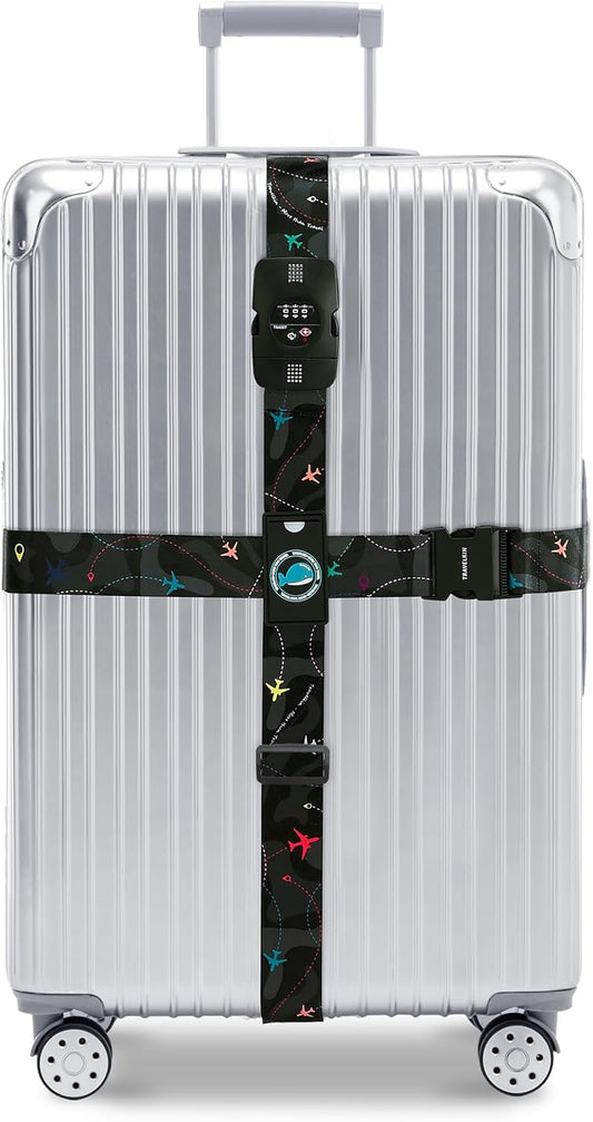 Travelkin Luggage Straps TSA Approved - Adjustable Cross Suitcase Straps with TSA Lock, Reinforced Buckle, Unique Pattern - Secure Heavy Duty Luggage Straps for Travel (Air Line Black)
