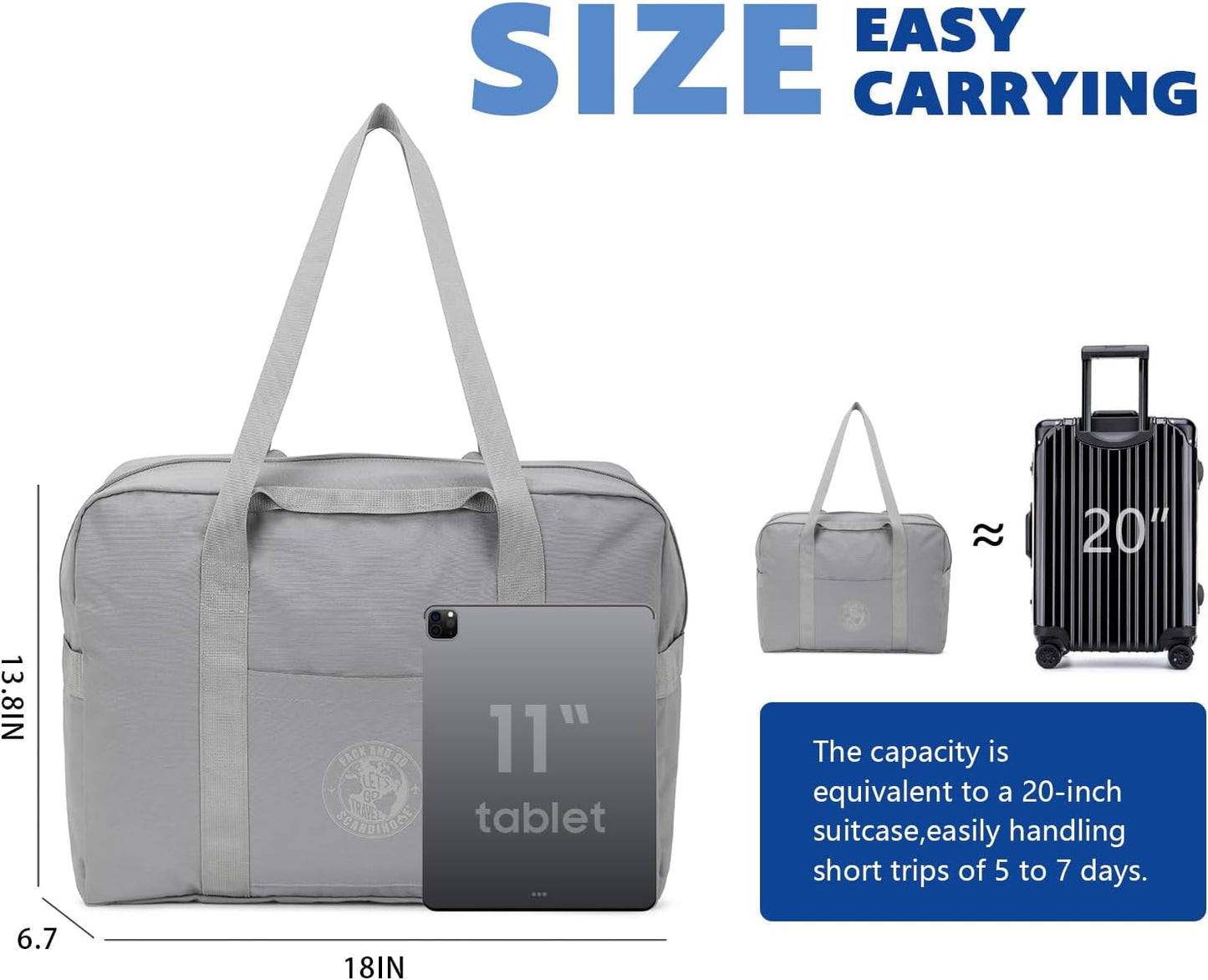 Weekender Bags for Women, Travel Duffel Bags, Water Resistant Personal Item/Carry Bag, Carry on Overnight Bag, Foldable Gym Bag for Travelling, Sports (Gray)