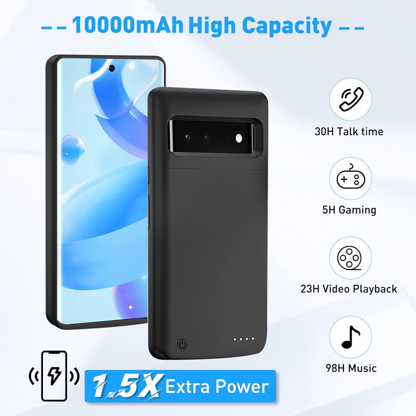 Battery Case for Google Pixel 6 Pro, 10,000mAh Rechargeable Phone Charging Case with Kickstand, Extended Backup Charger Cover for Pixel 6 Pro 5G(6.7")- Black