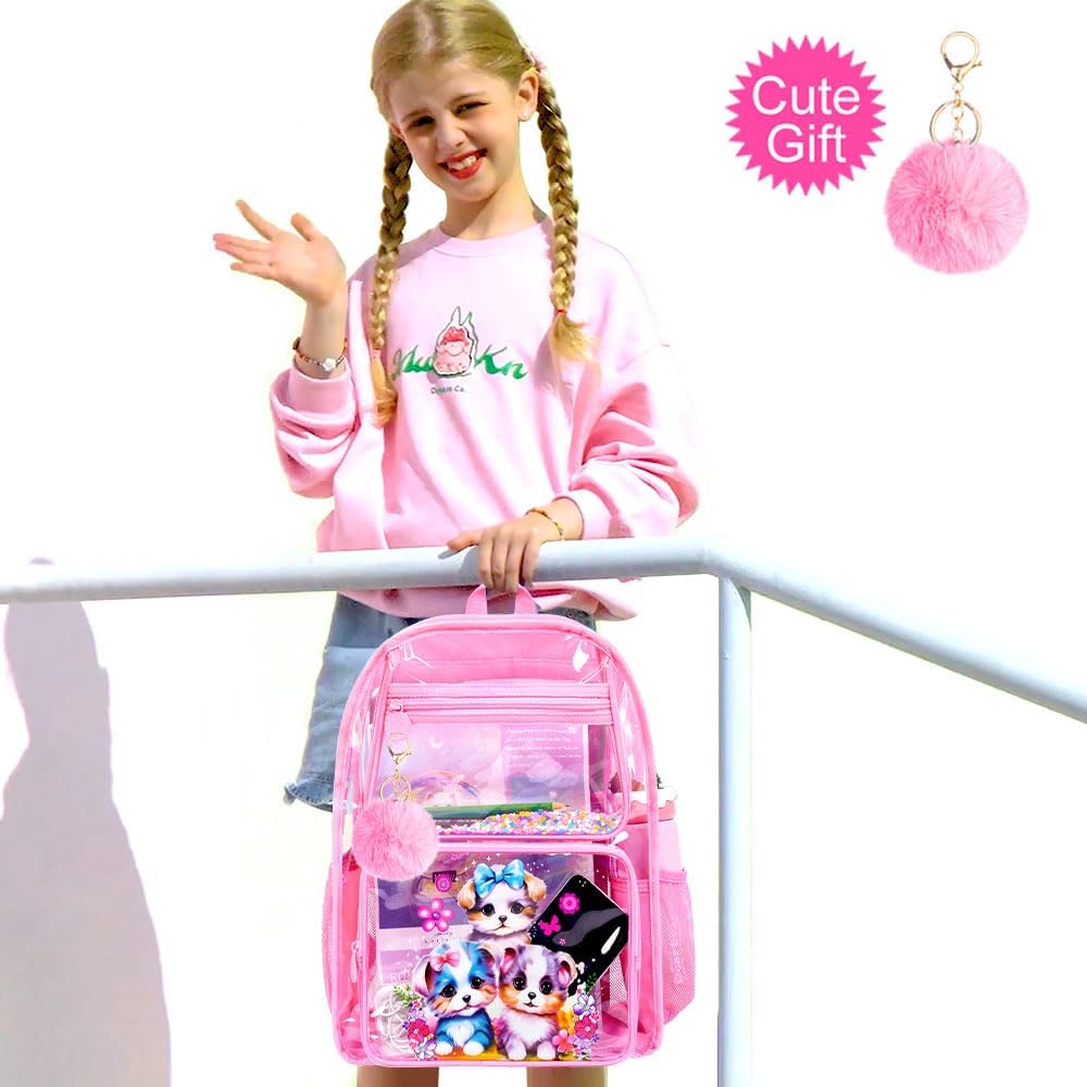Clear Backpack for Girls and Boys, Kids Transparent Bookbag, 3PCS Cute See Through School Bag for Elementary Prechool