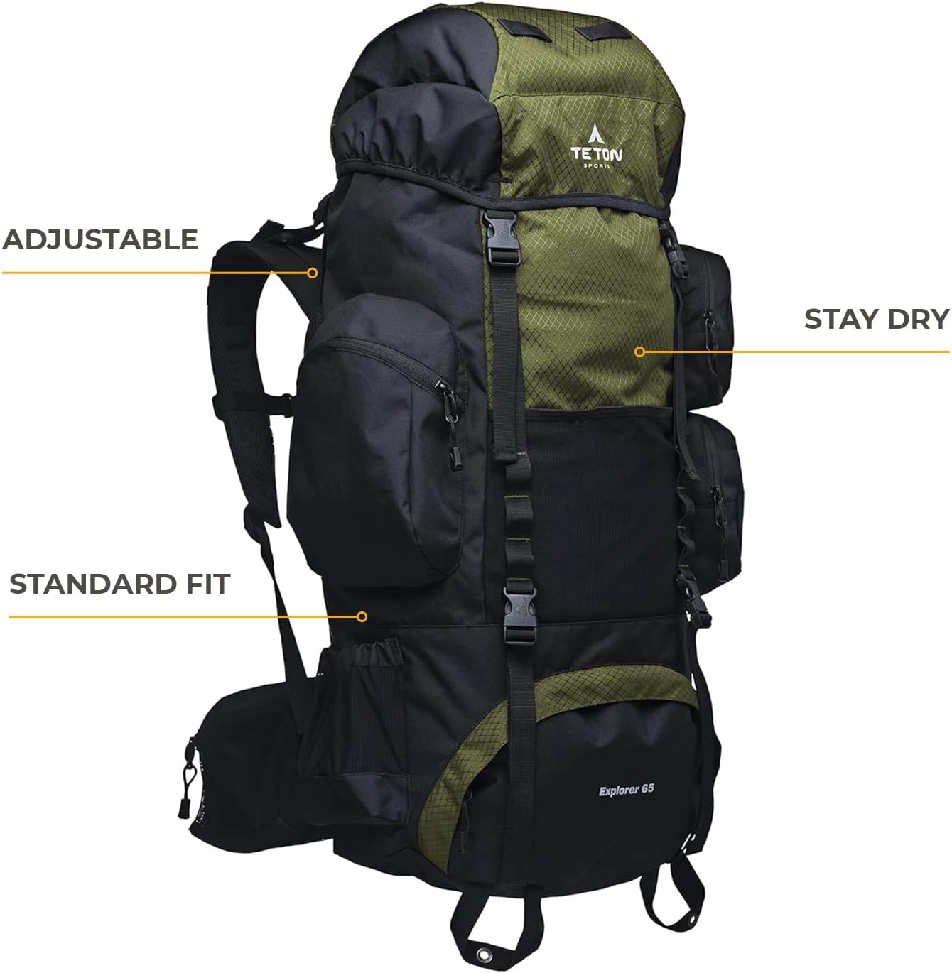 Teton 65L Explorer Internal Frame Backpack for Hiking, Camping, Backpacking, Rain Cover Included